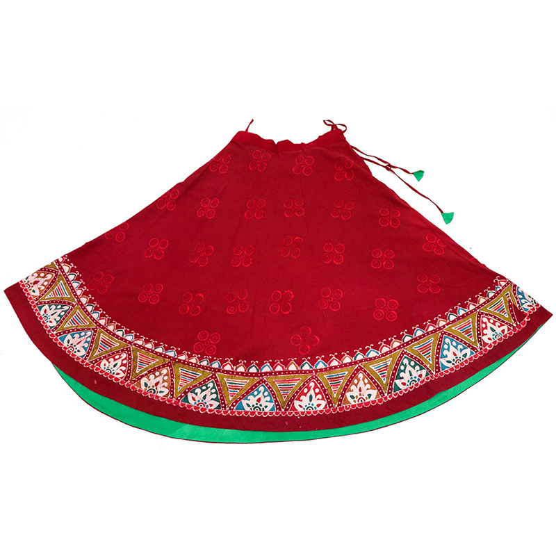 VIBRANT RED SKIRT WITH MULTI COLOUR BORDER