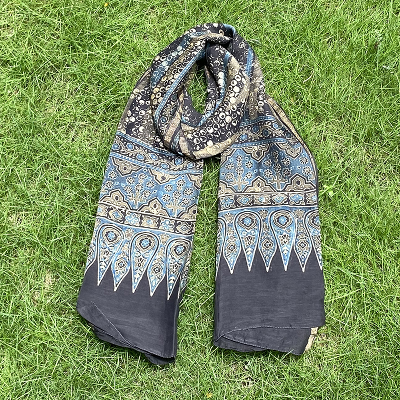Ajrakh Stole In Chanderi Silk
